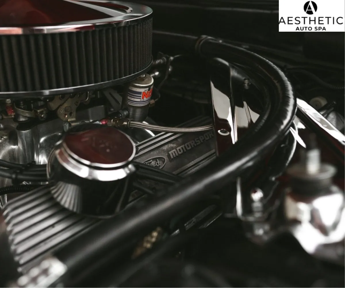Close-up shot of a clean Ford Motorsport V8 engine bay featuring a chrome air filter cover and braided lines.